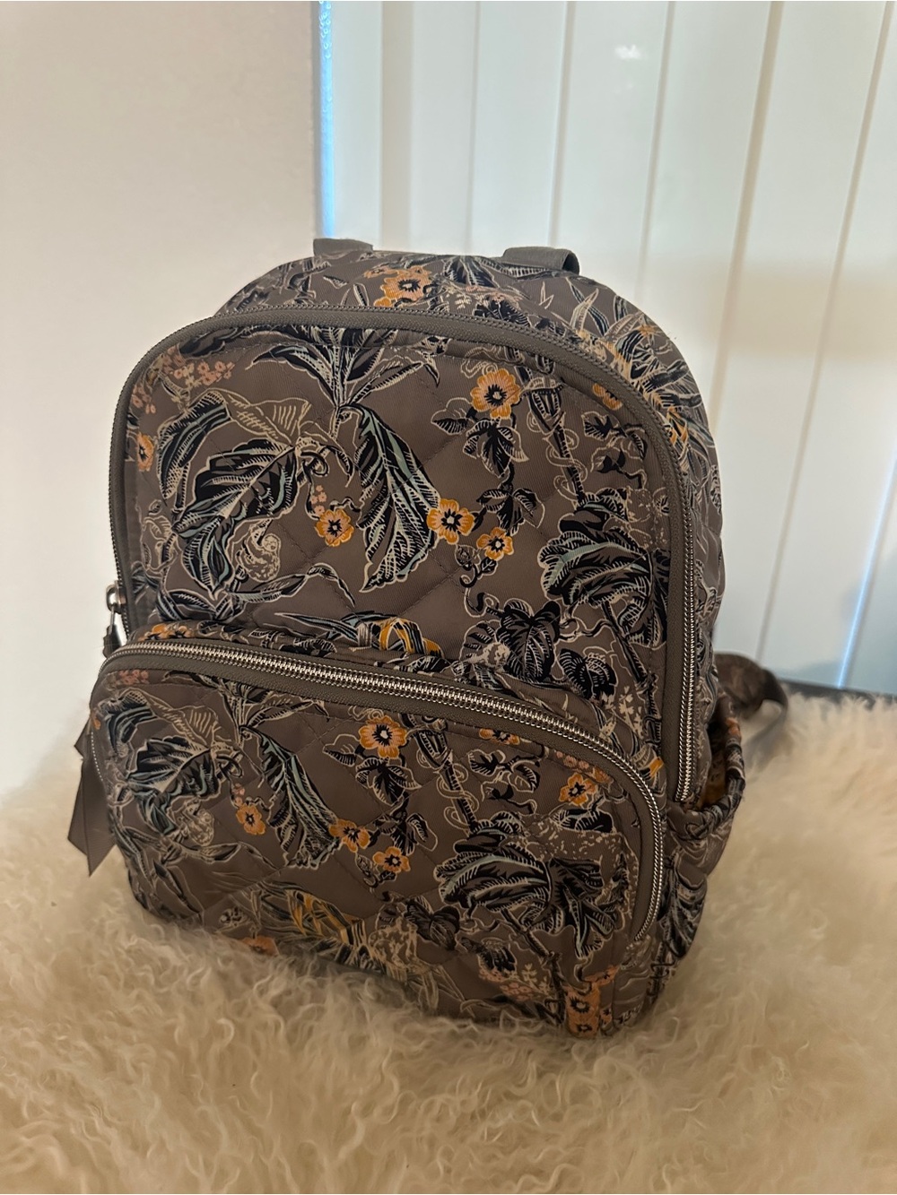 Vera Bradley Quilted Backpack Gray Floral Botanical Print Multi Pocket Travel